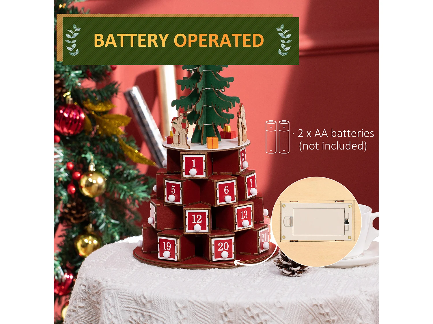 Calendario avvento in legno a cono con motivi a tema e luci led