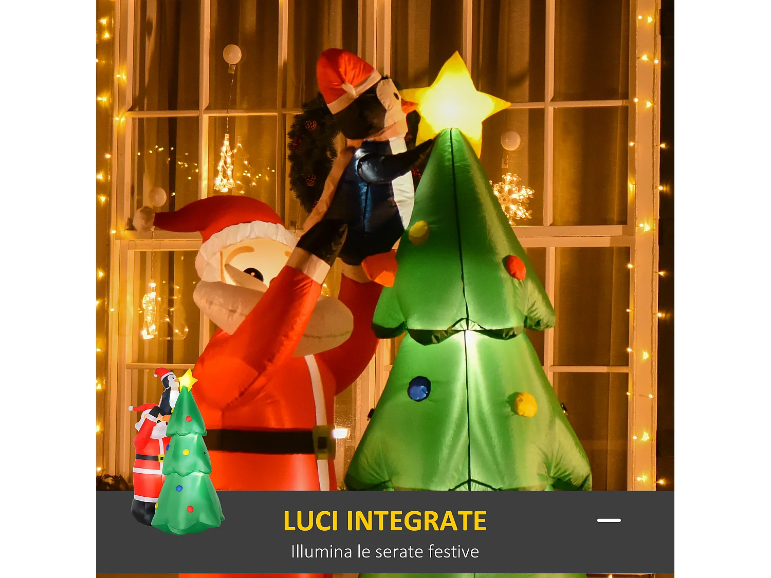 Babbo natale gonfiabile 1.8m con albero pinguino e luci led