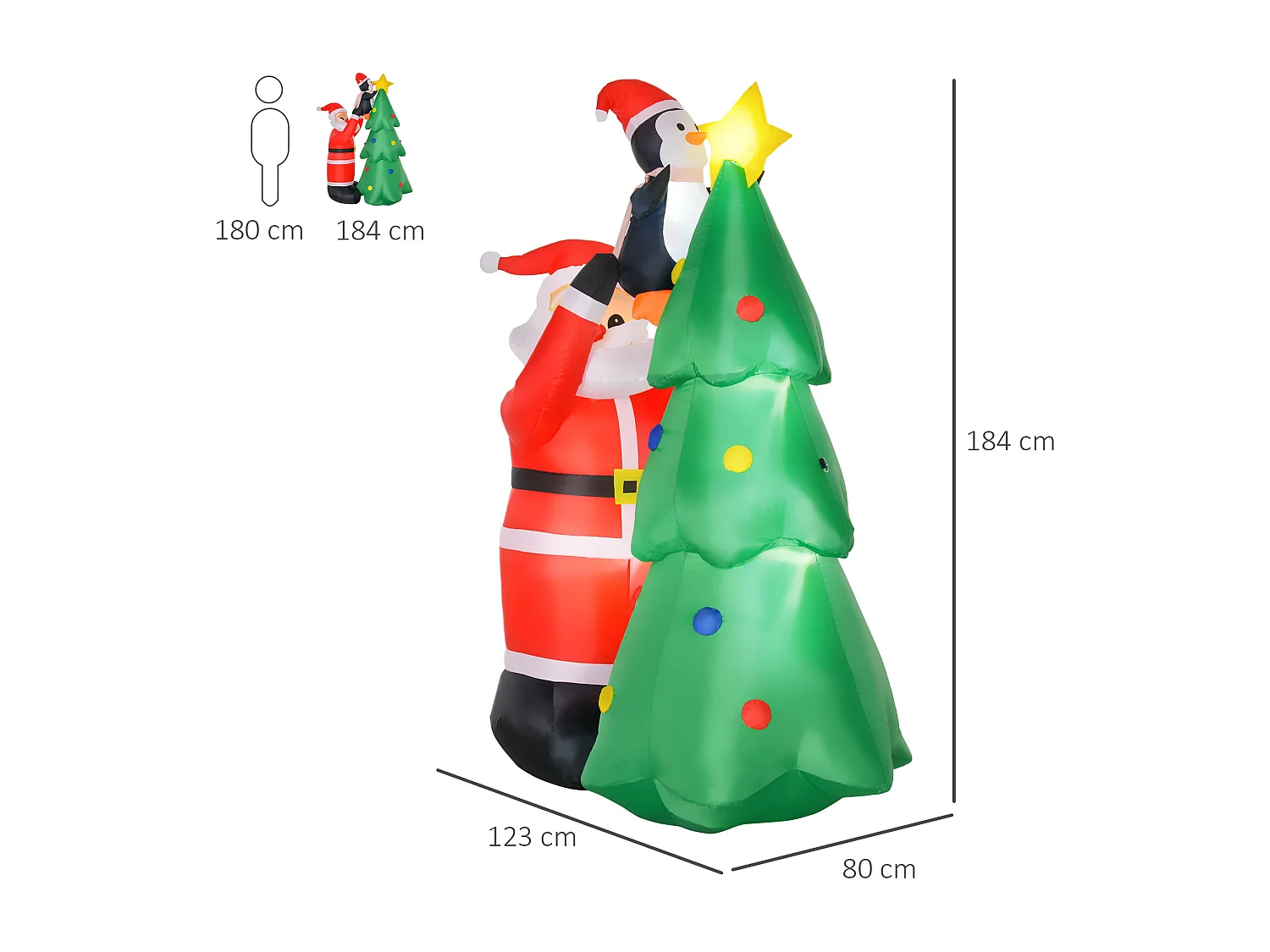 Babbo natale gonfiabile 1.8m con albero pinguino e luci led