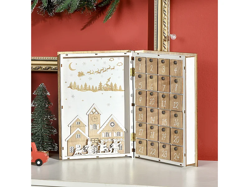 Calendario avvento in legno a forma di libro con scritte motivi