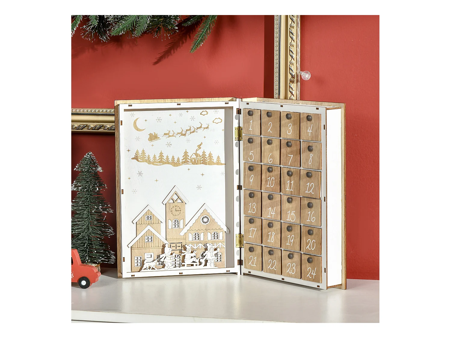 Calendario avvento in legno a forma di libro con scritte motivi