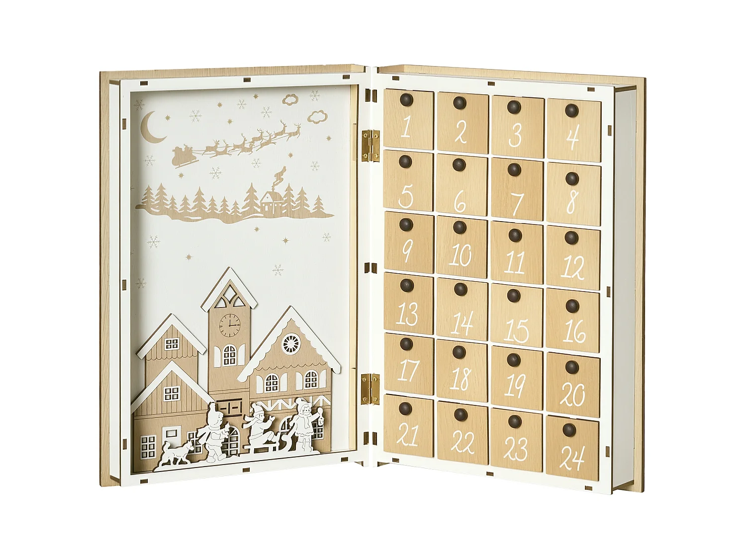 Calendario avvento in legno a forma di libro con scritte motivi