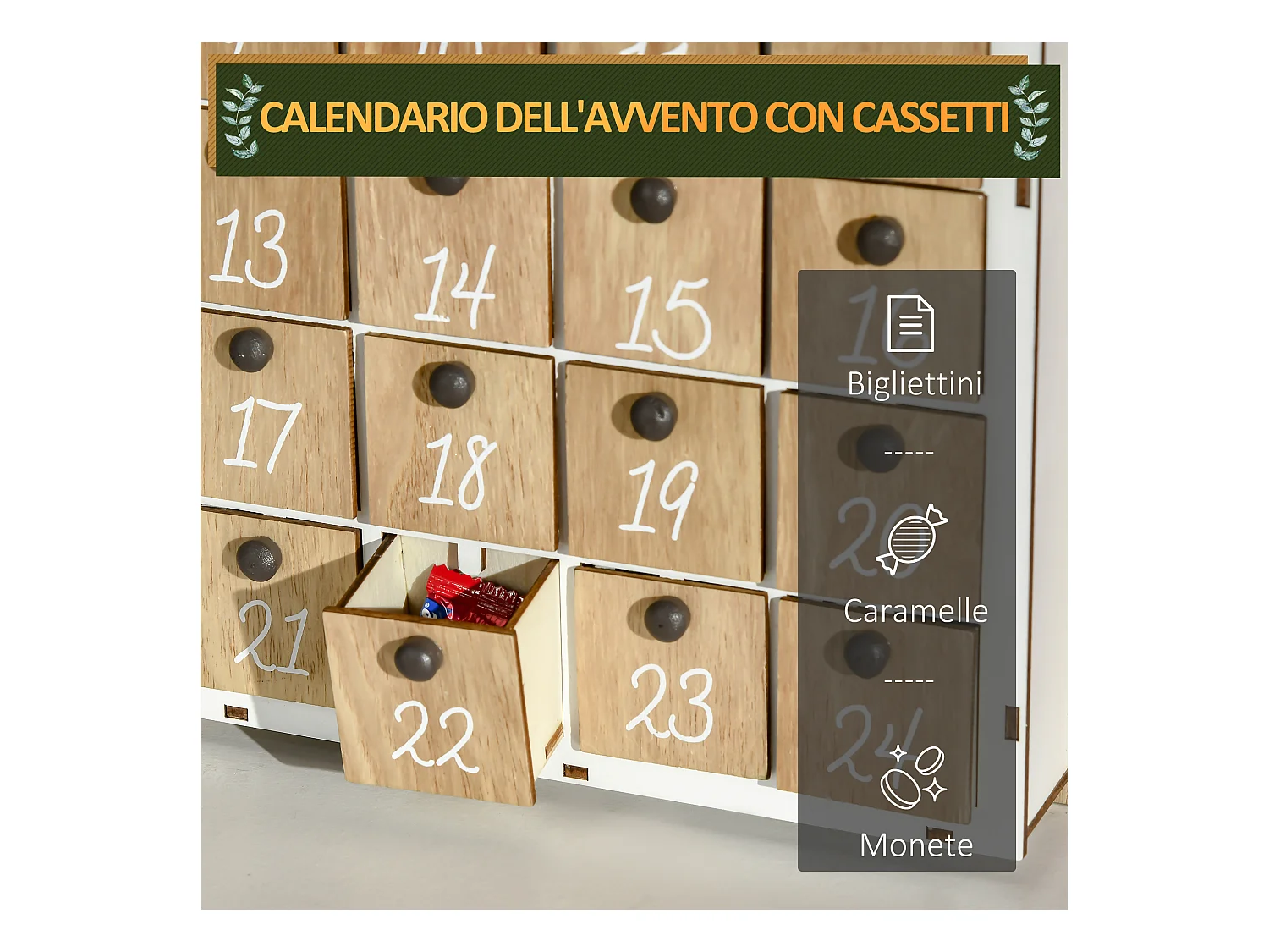 Calendario avvento in legno a forma di libro con scritte motivi