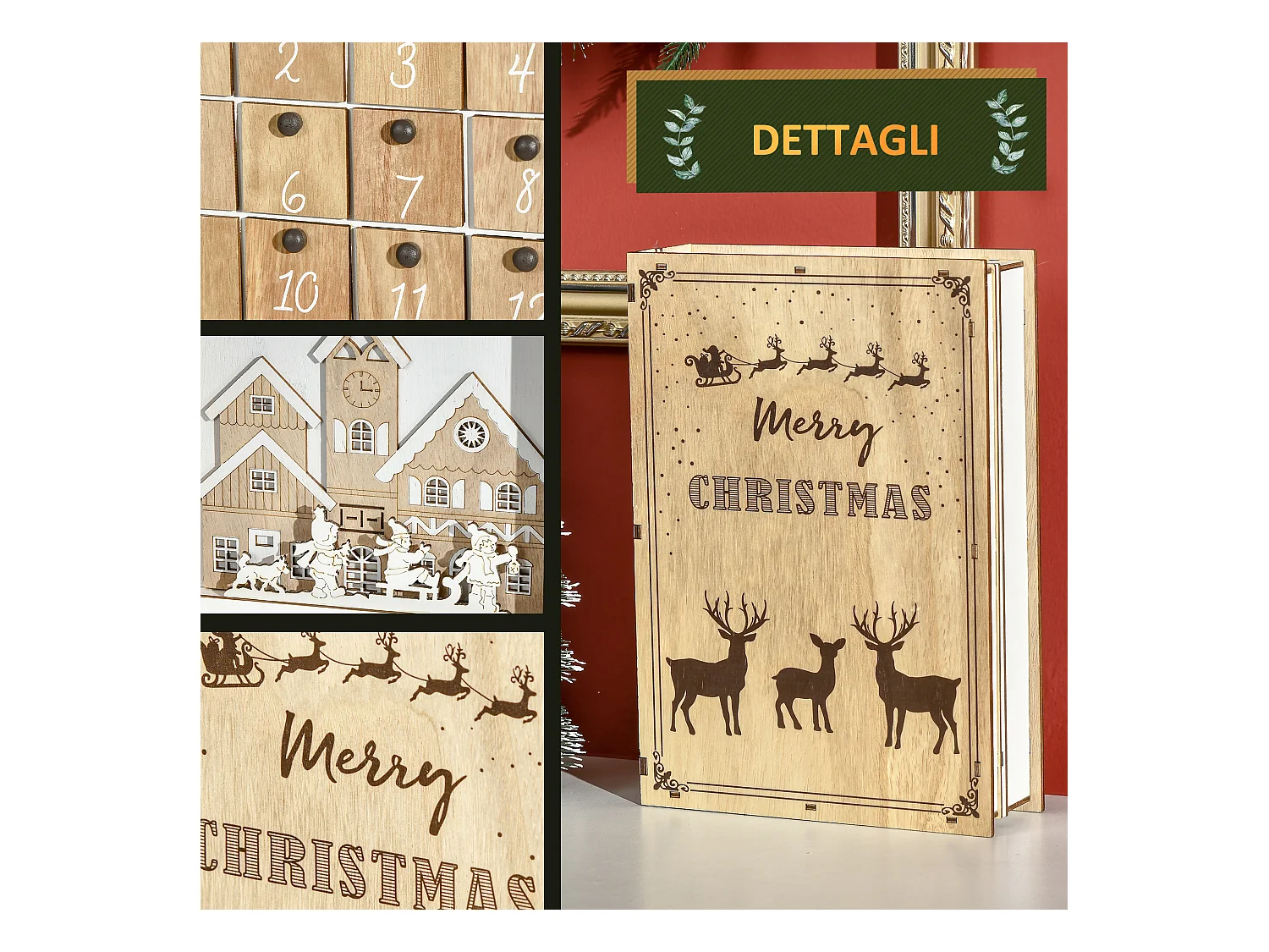 Calendario avvento in legno a forma di libro con scritte motivi