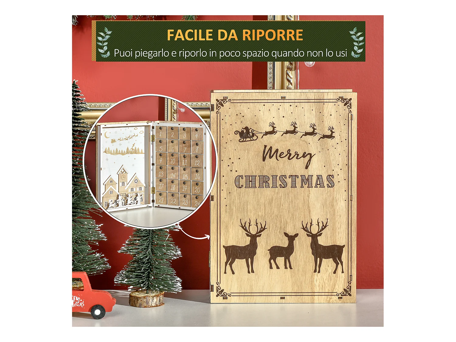 Calendario avvento in legno a forma di libro con scritte motivi