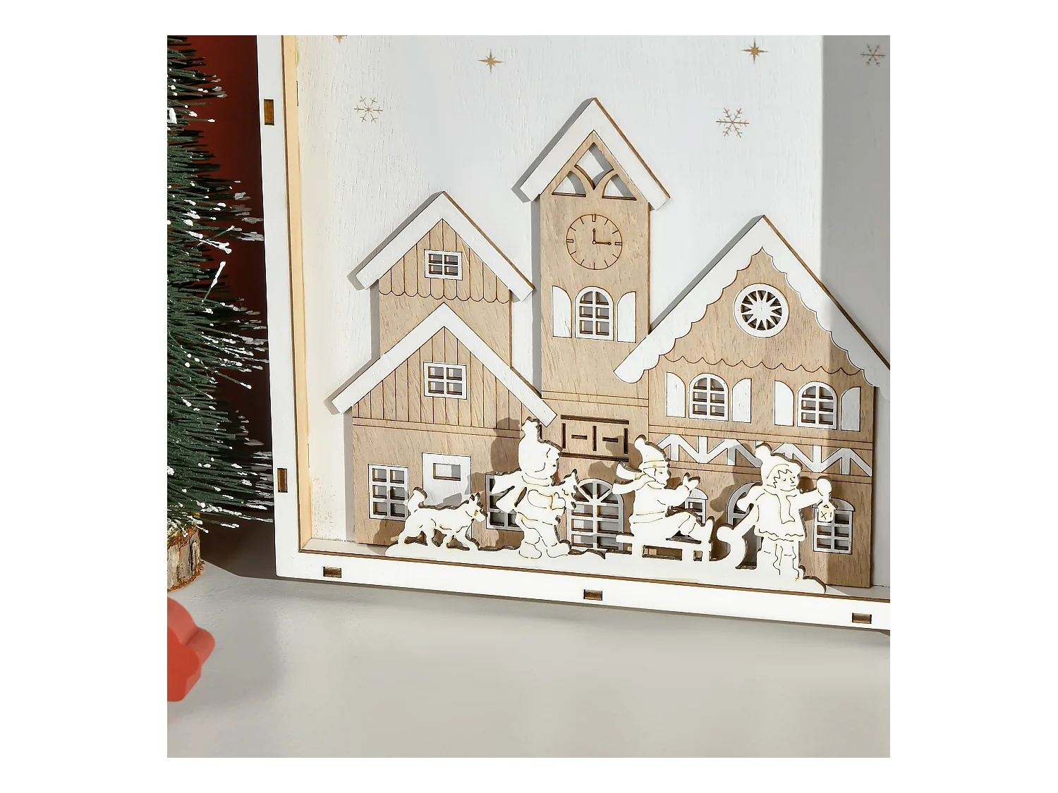 Calendario avvento in legno a forma di libro con scritte motivi