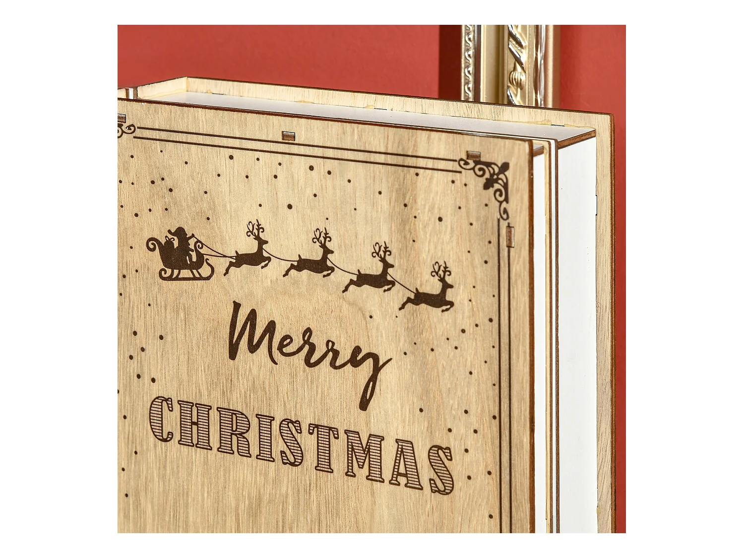 Calendario avvento in legno a forma di libro con scritte motivi