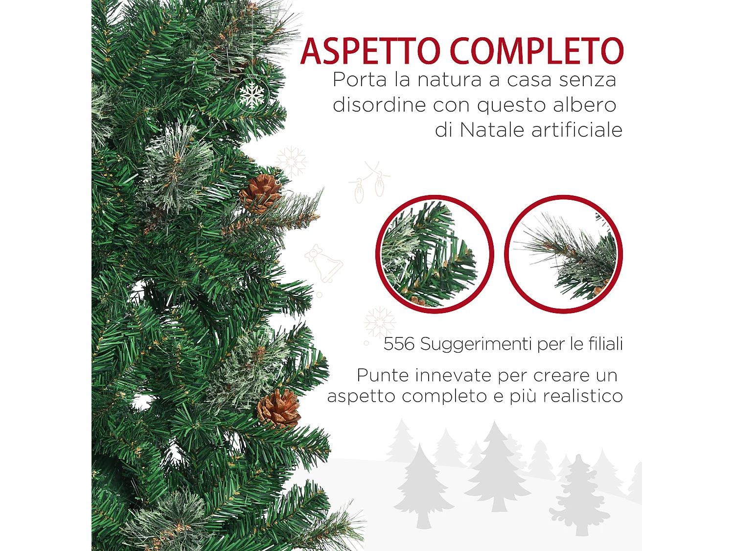 Albero di natale alto 195cm con pigne decorative e 556 rami