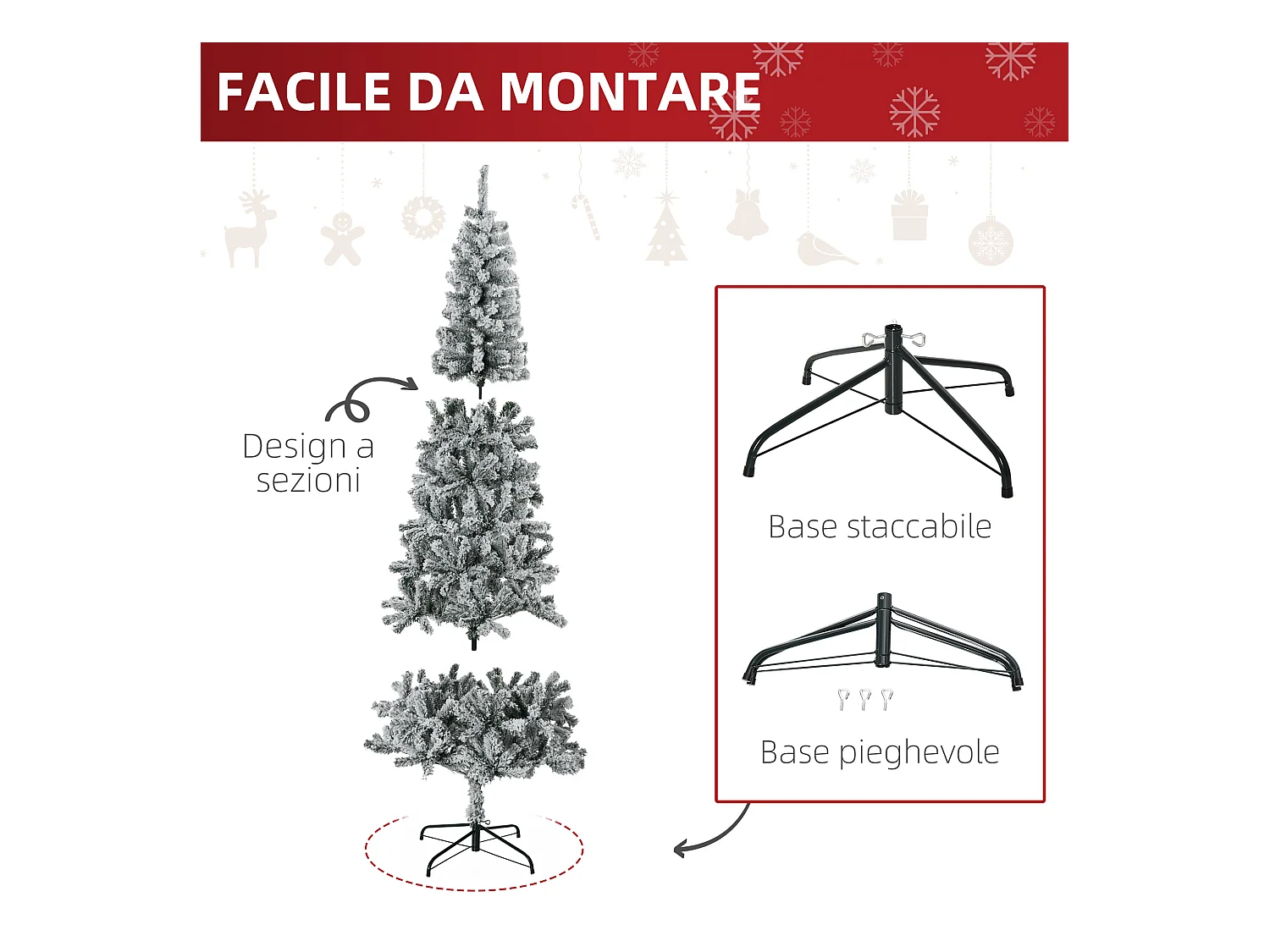 Albero Natale slim innevato 631 rami base metallo
