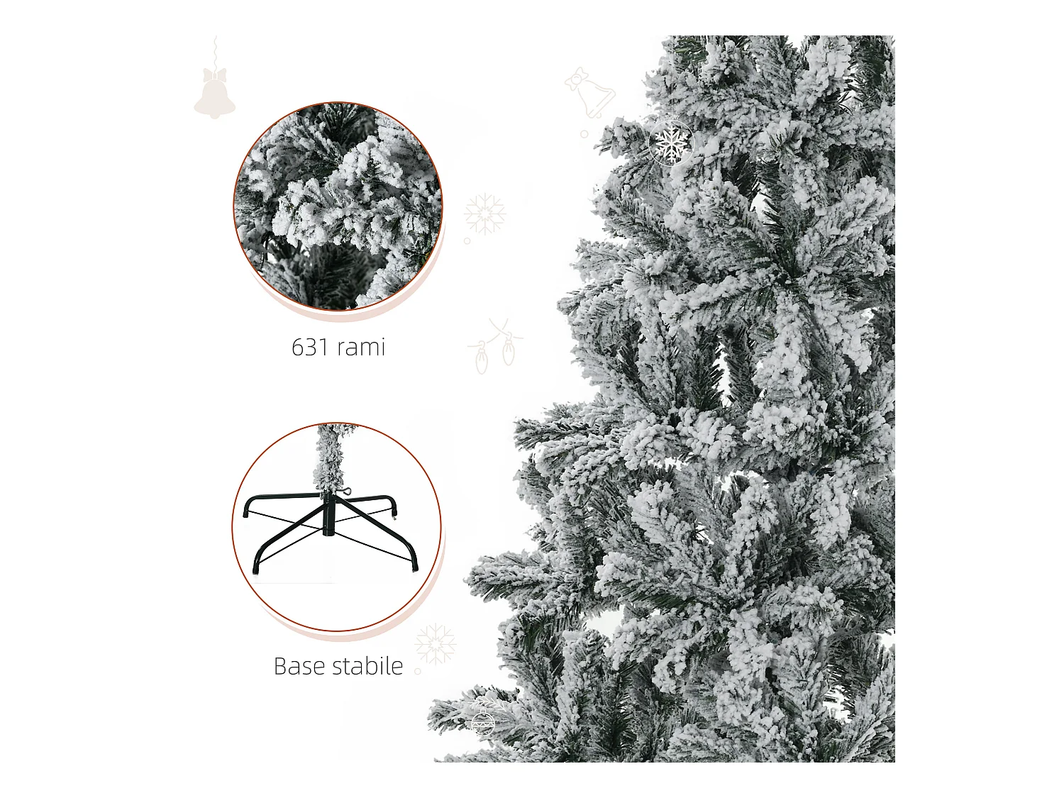 Albero Natale slim innevato 631 rami base metallo