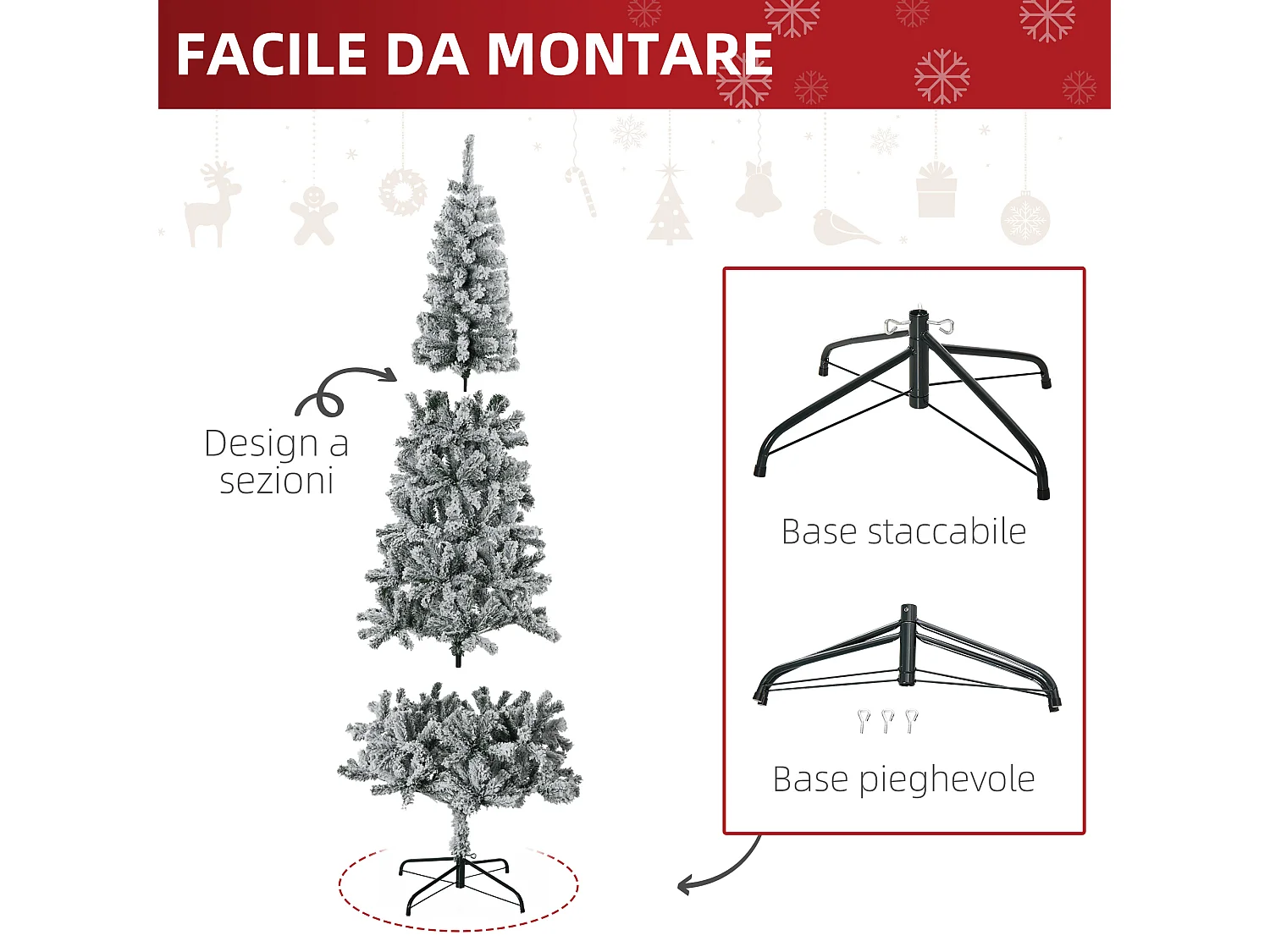 Albero Natale slim innevato 631 rami base metallo