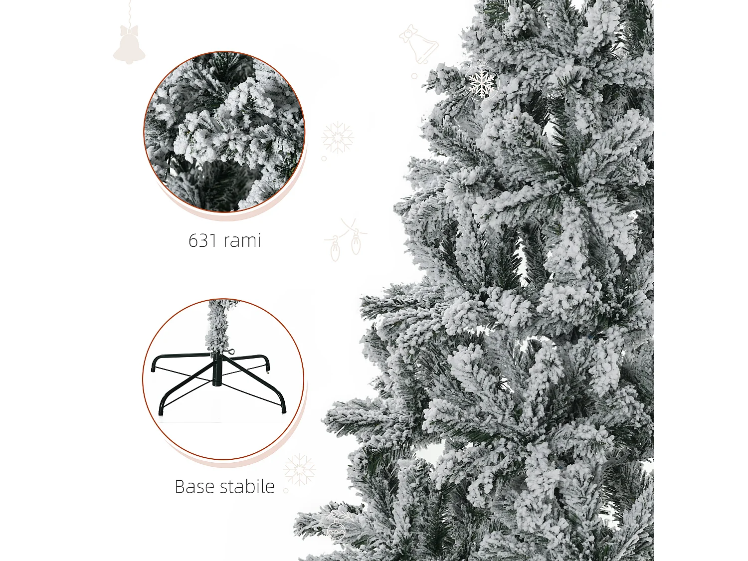 Albero Natale slim innevato 631 rami base metallo