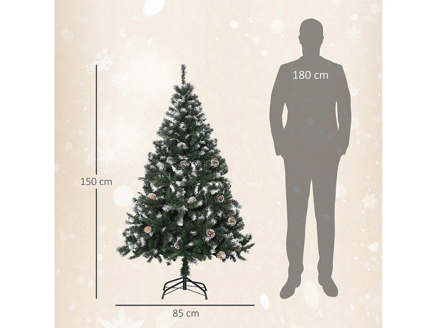 Albero di Natale artificiale innevato alto 150cm con pigne