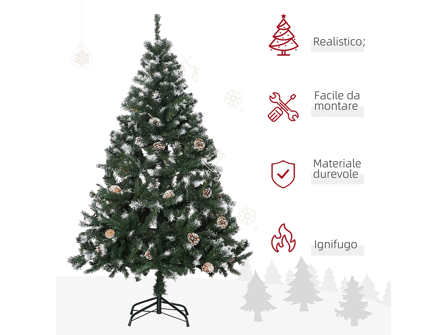 Albero di Natale artificiale innevato alto 150cm con pigne