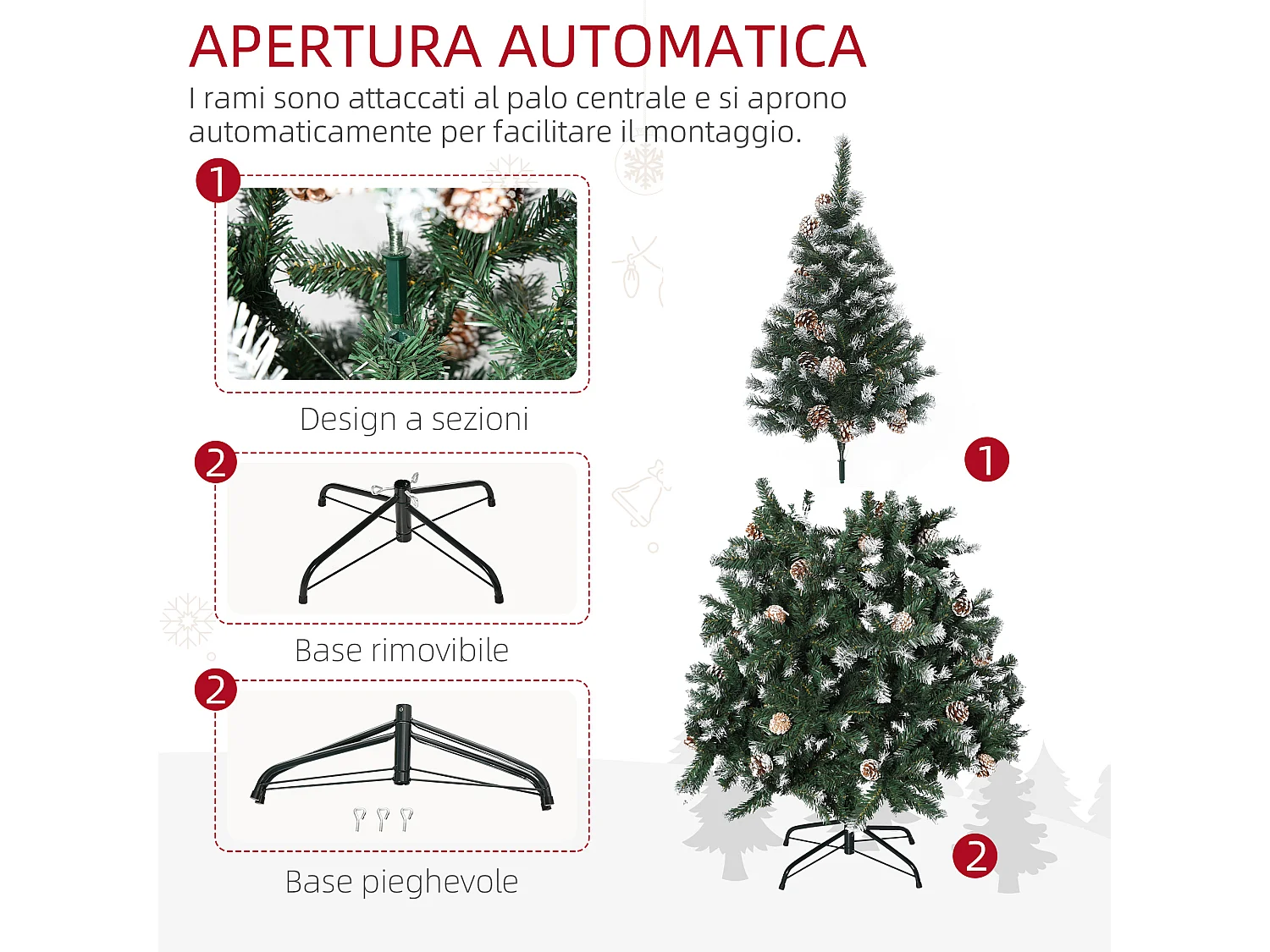 Albero di Natale artificiale innevato alto 150cm con pigne