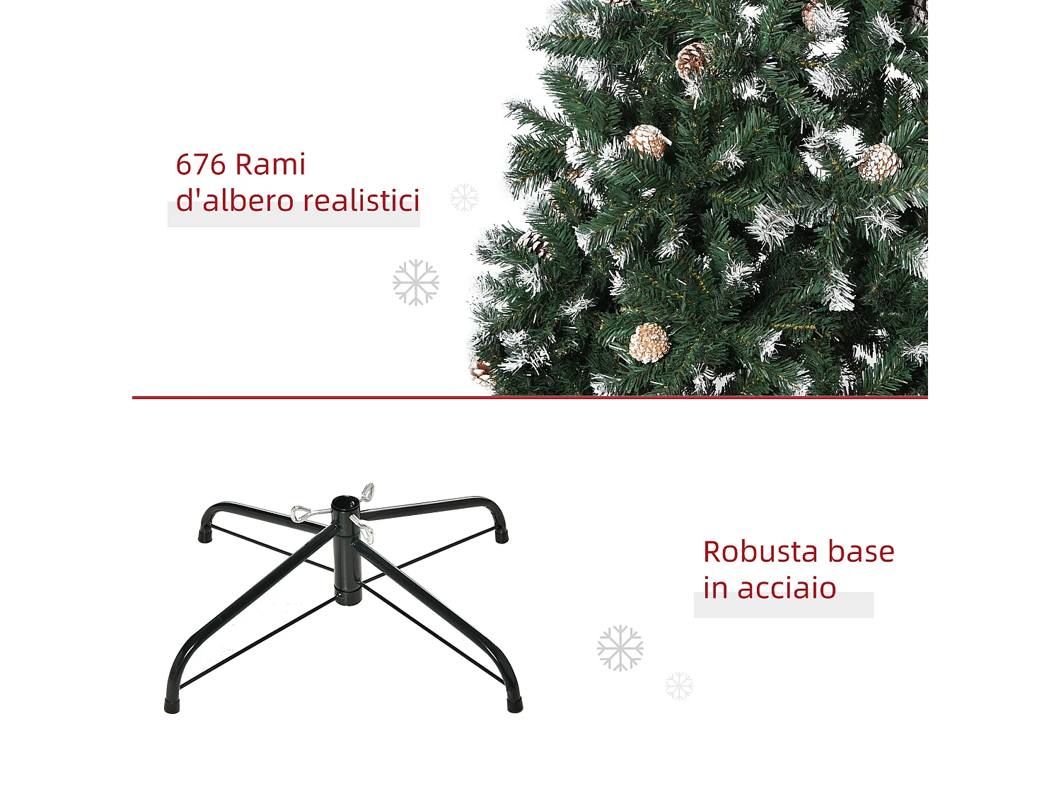 Albero di Natale artificiale innevato alto 150cm con pigne