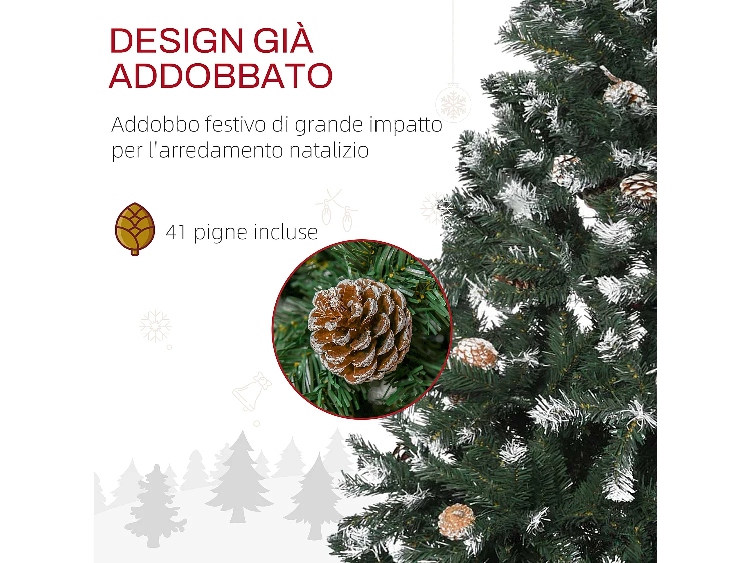Albero di Natale artificiale innevato alto 150cm con pigne