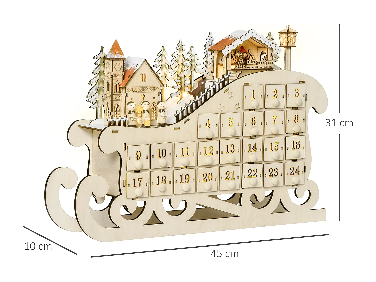 Calendario dell'avvento in legno 24 cassetti e luci 45x10x31cm