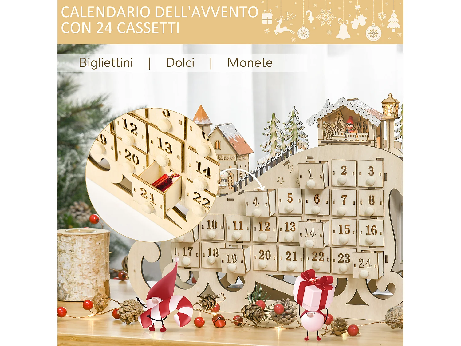 Calendario dell'avvento in legno 24 cassetti e luci 45x10x31cm