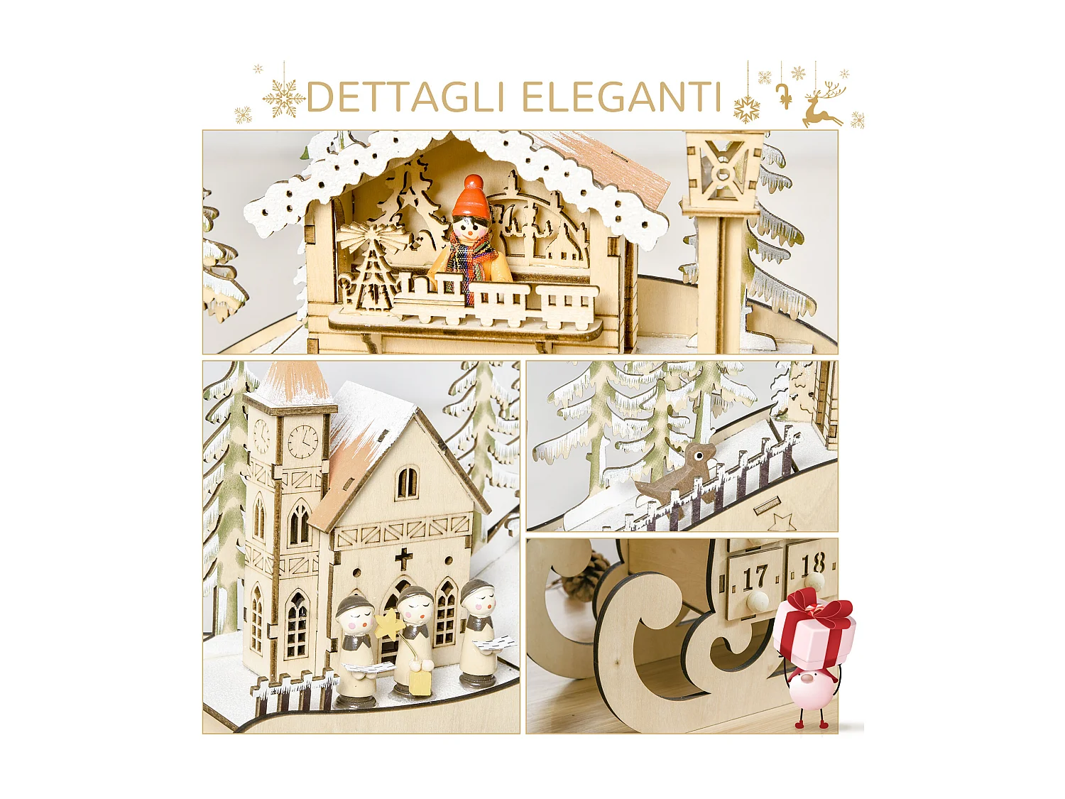 Calendario dell'avvento in legno 24 cassetti e luci 45x10x31cm