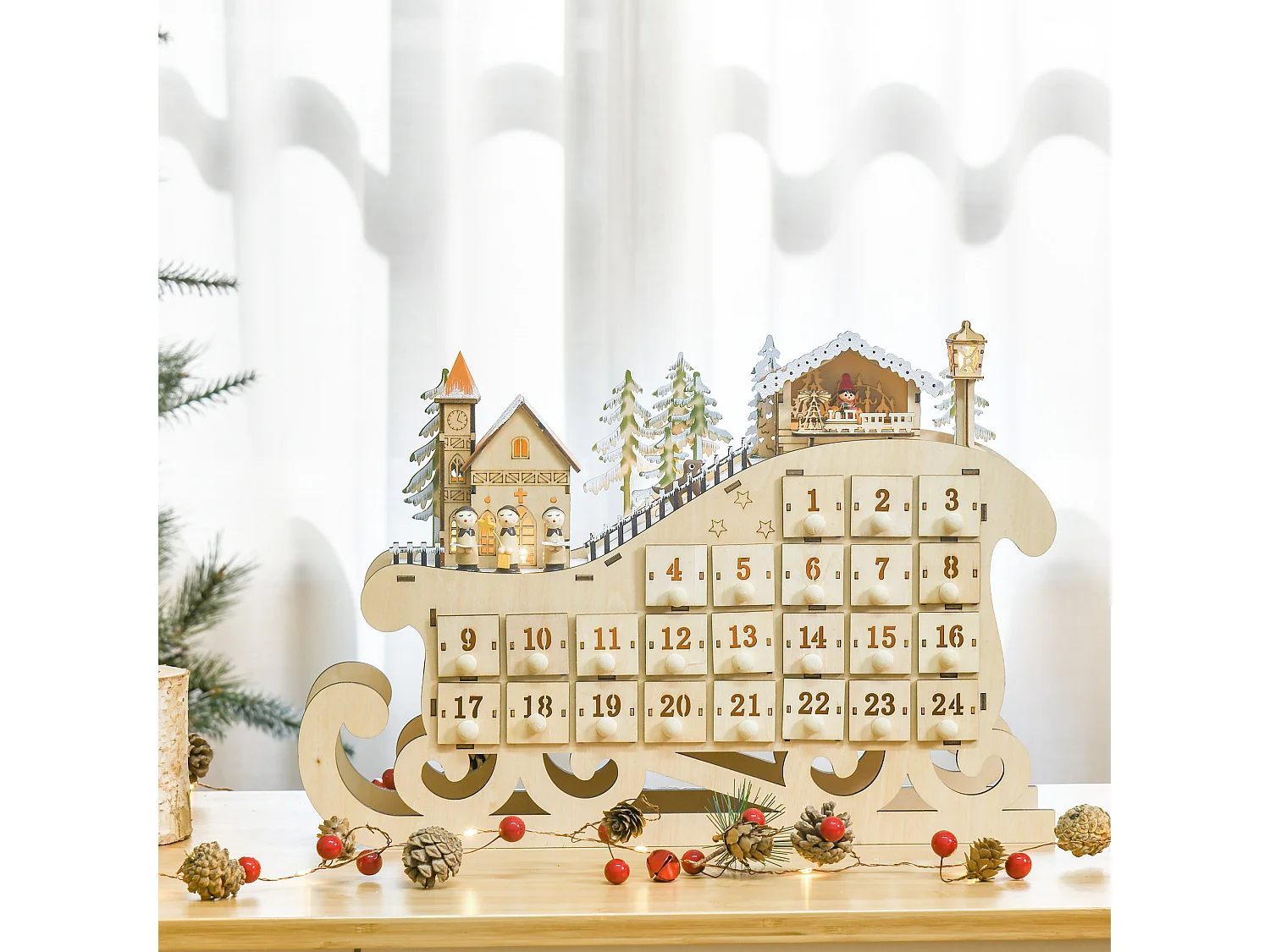 Calendario dell'avvento in legno 24 cassetti e luci 45x10x31cm