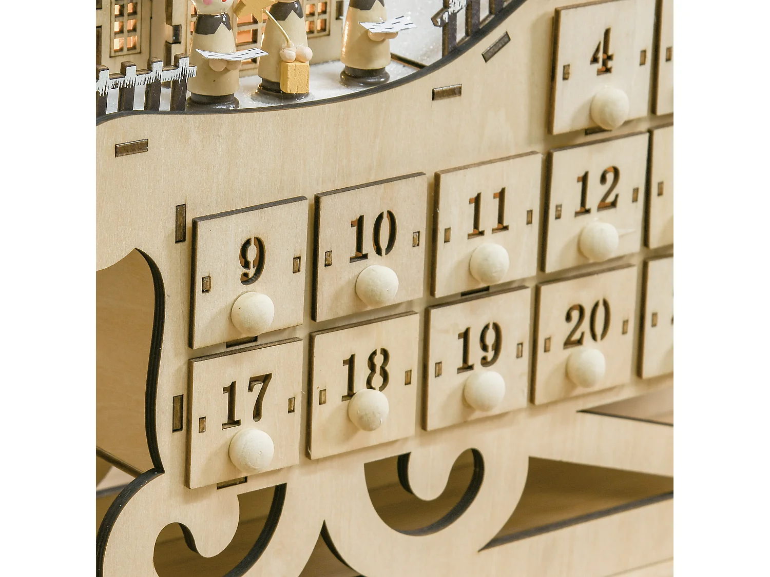 Calendario dell'avvento in legno 24 cassetti e luci 45x10x31cm