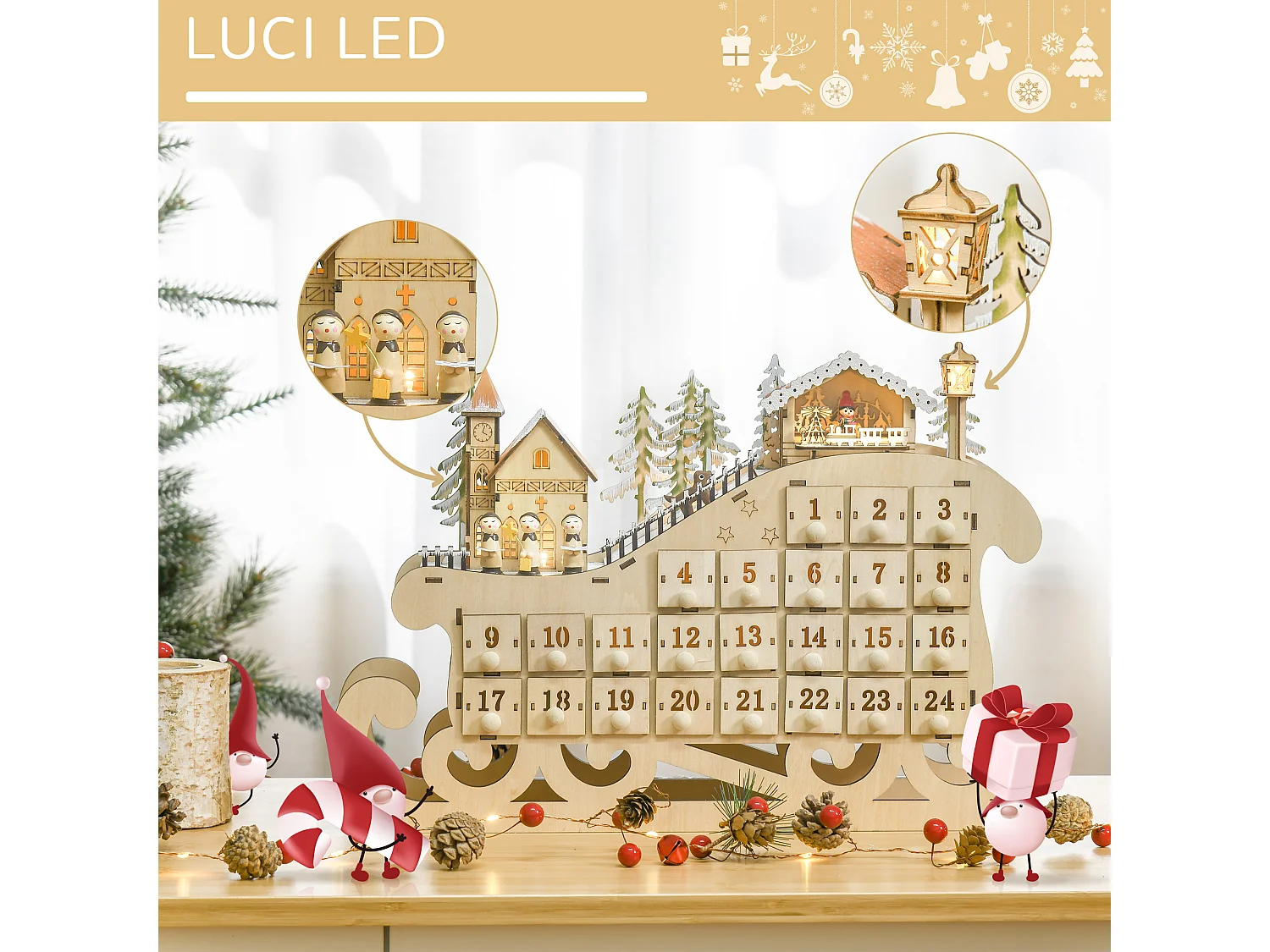 Calendario dell'avvento in legno 24 cassetti e luci 45x10x31cm