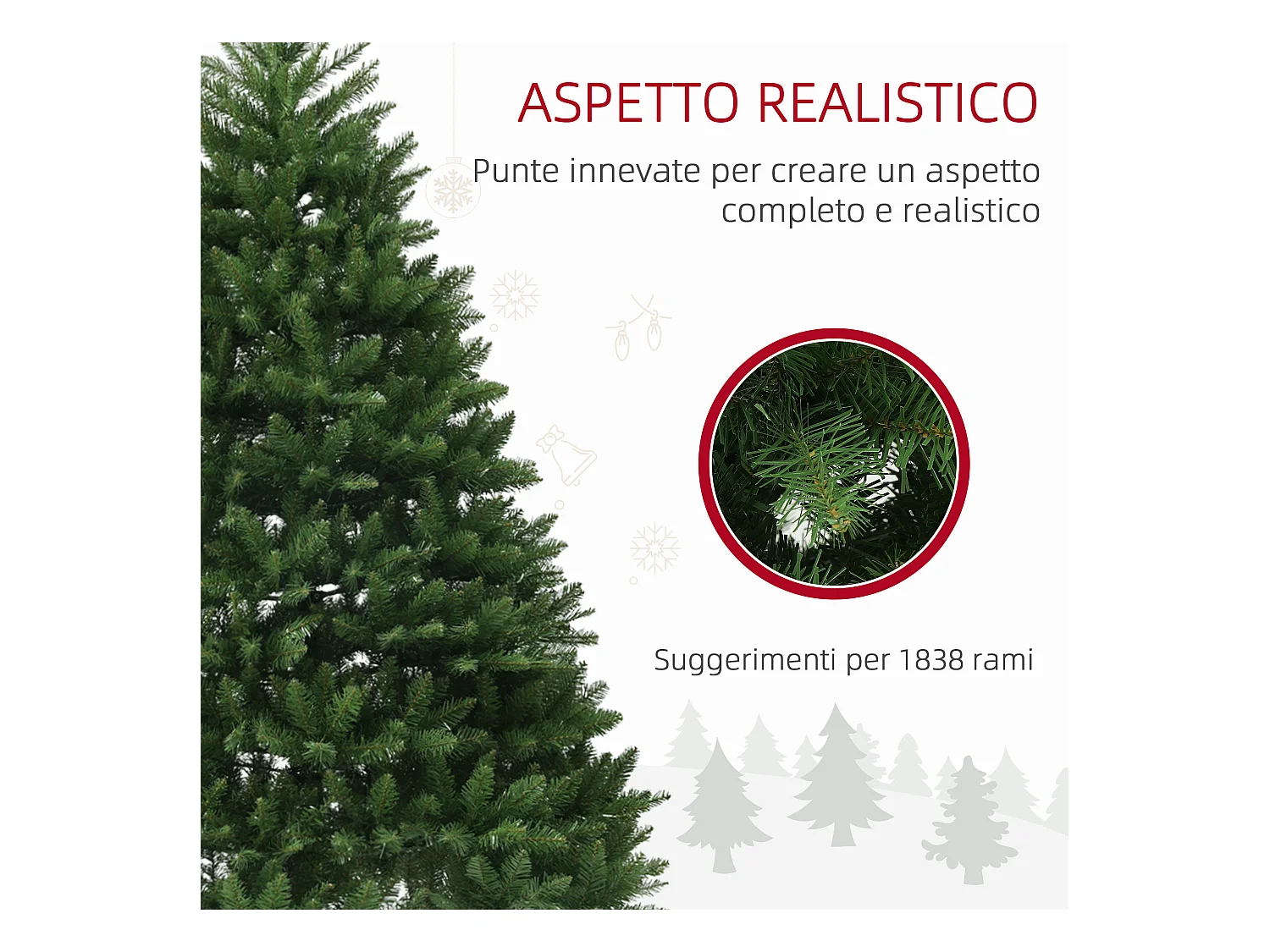 Albero di natale artificiale alto 195cm con 1838 rami e base acciaio