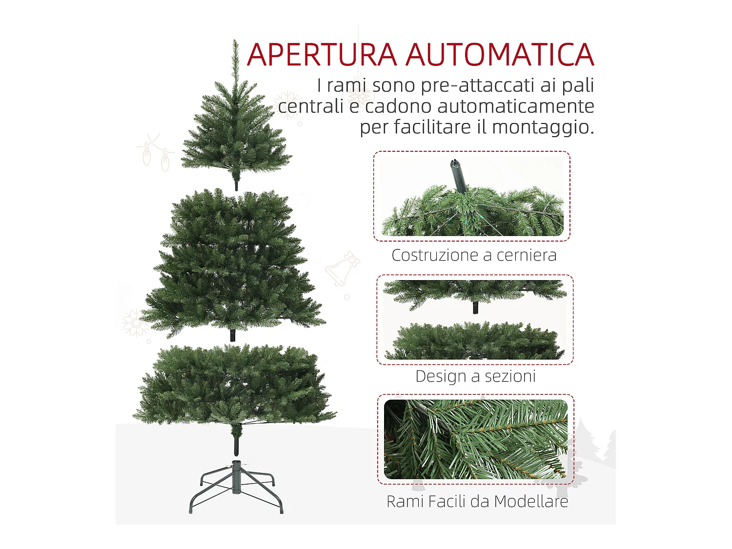 Albero di natale artificiale alto 195cm con 1838 rami e base acciaio