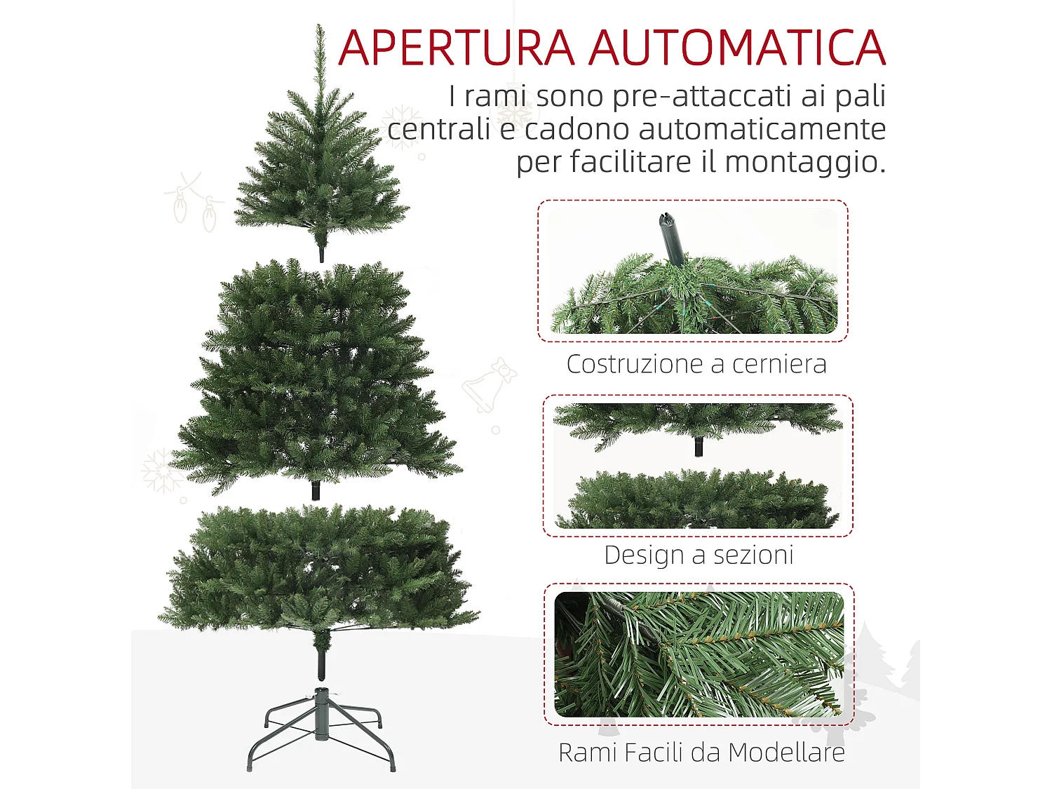 Albero di natale artificiale alto 195cm con 1838 rami e base acciaio