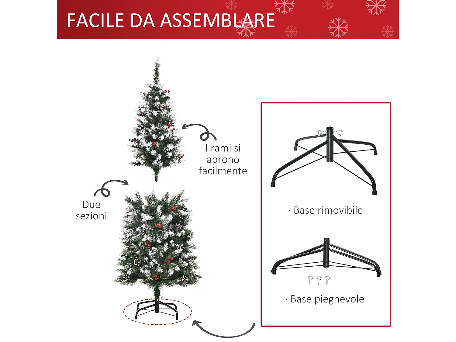 Albero di natale innevato artificiale da 150cm base pieghevole
