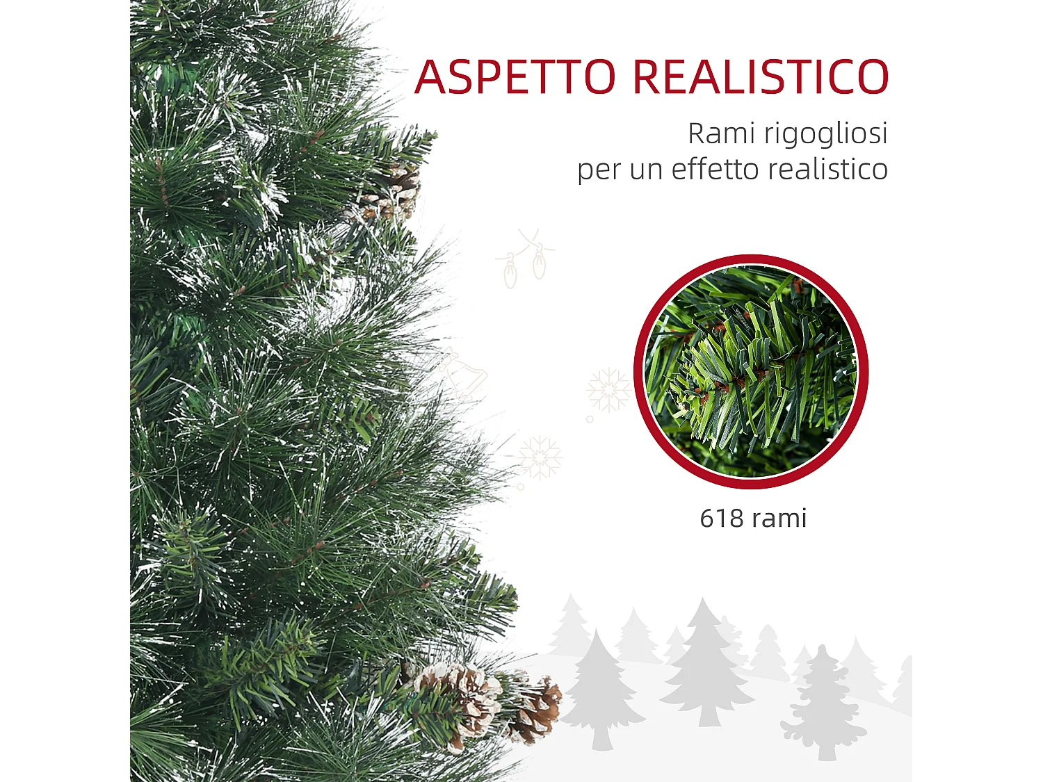 Albero di natale artificiale da 180 cm con 618 rami e base in metallo