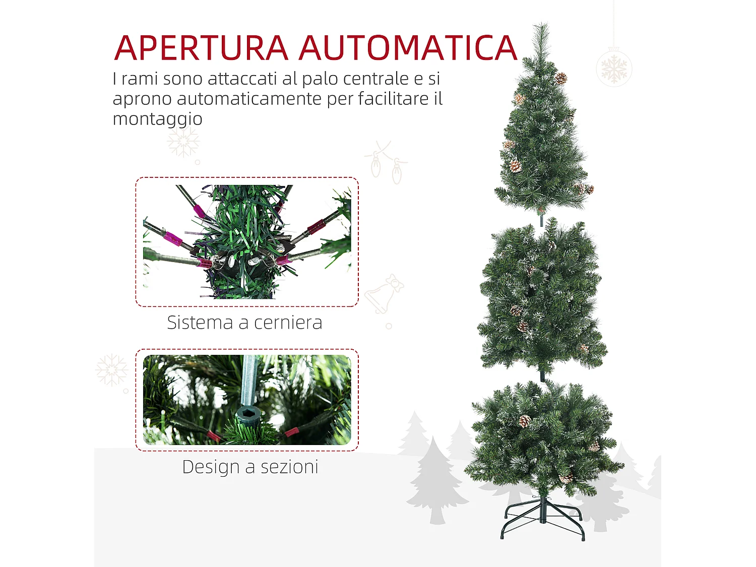 Albero di natale artificiale da 180 cm con 618 rami e base in metallo