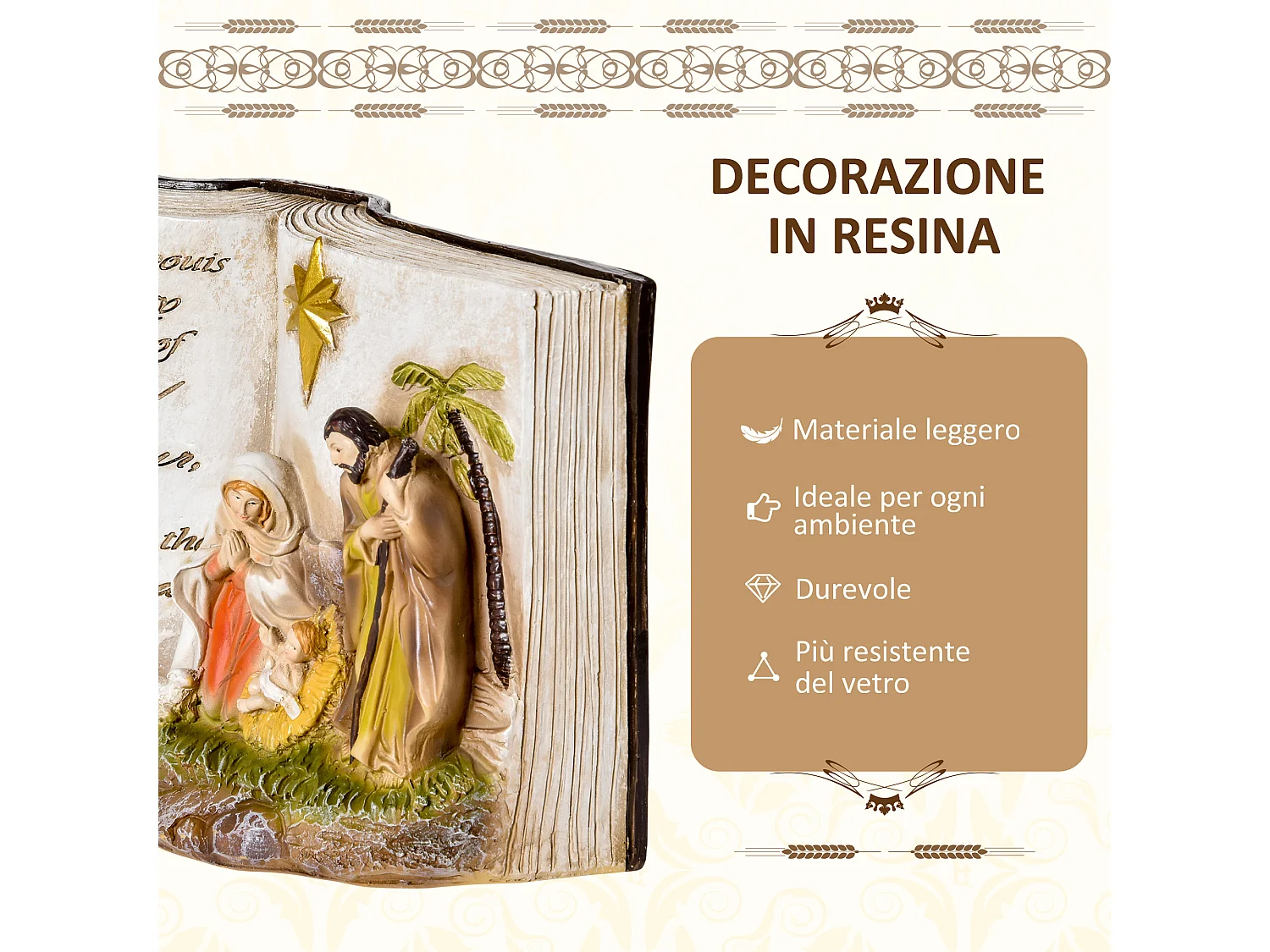 Presepe di natale natività con statuine 3d resina 21.5x9.5x14cm