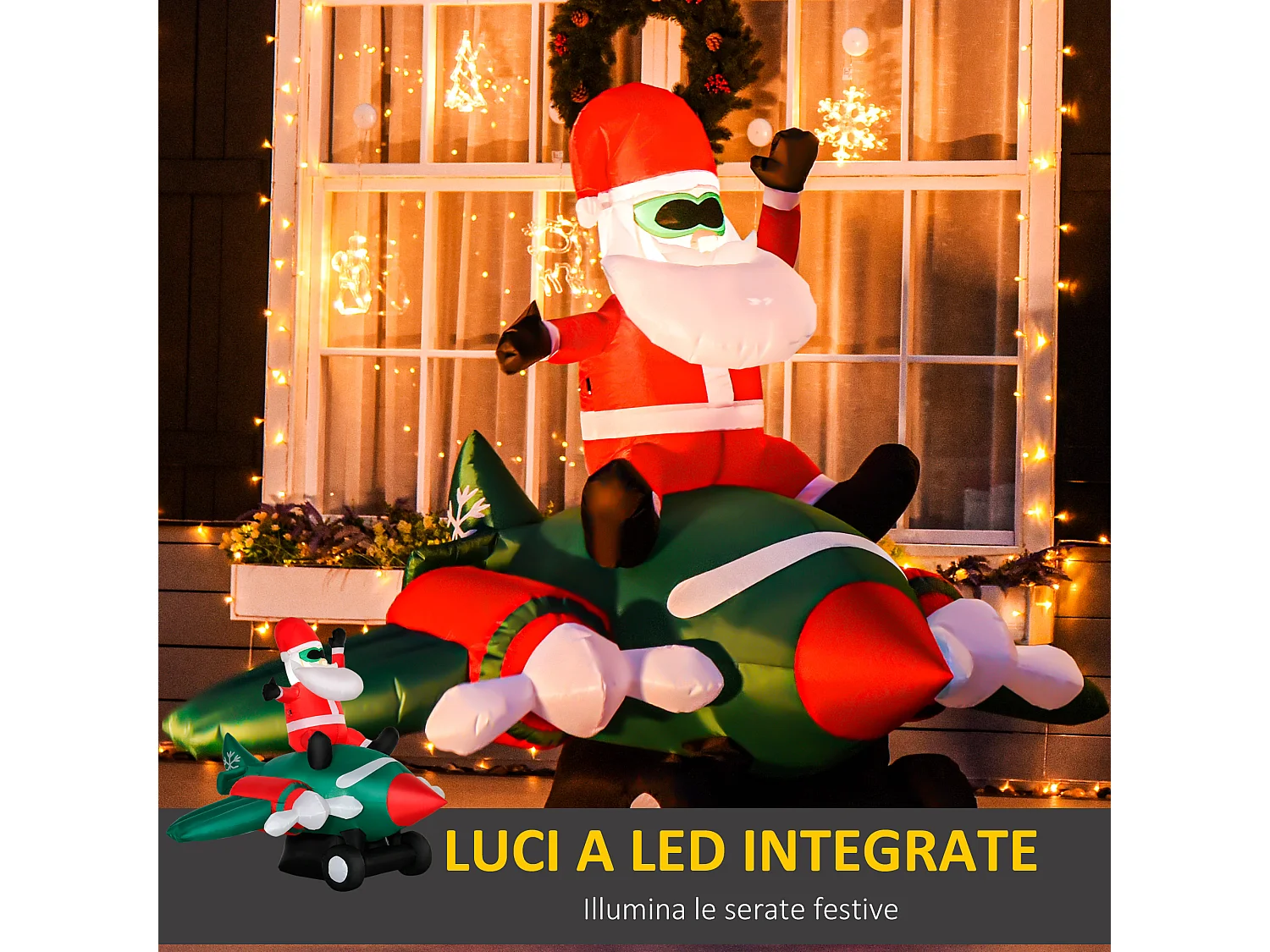 Babbo natale gonfiabile su aereo luci led decorazione esterno