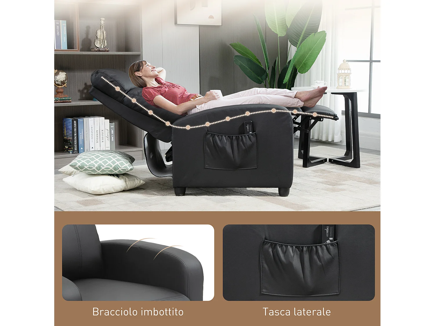 Poltrona massaggiante reclinabile con telecomando e poggiapiedi