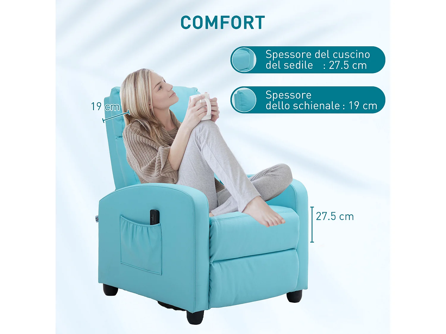 Poltrona massaggiante reclinabile con telecomando azzurro