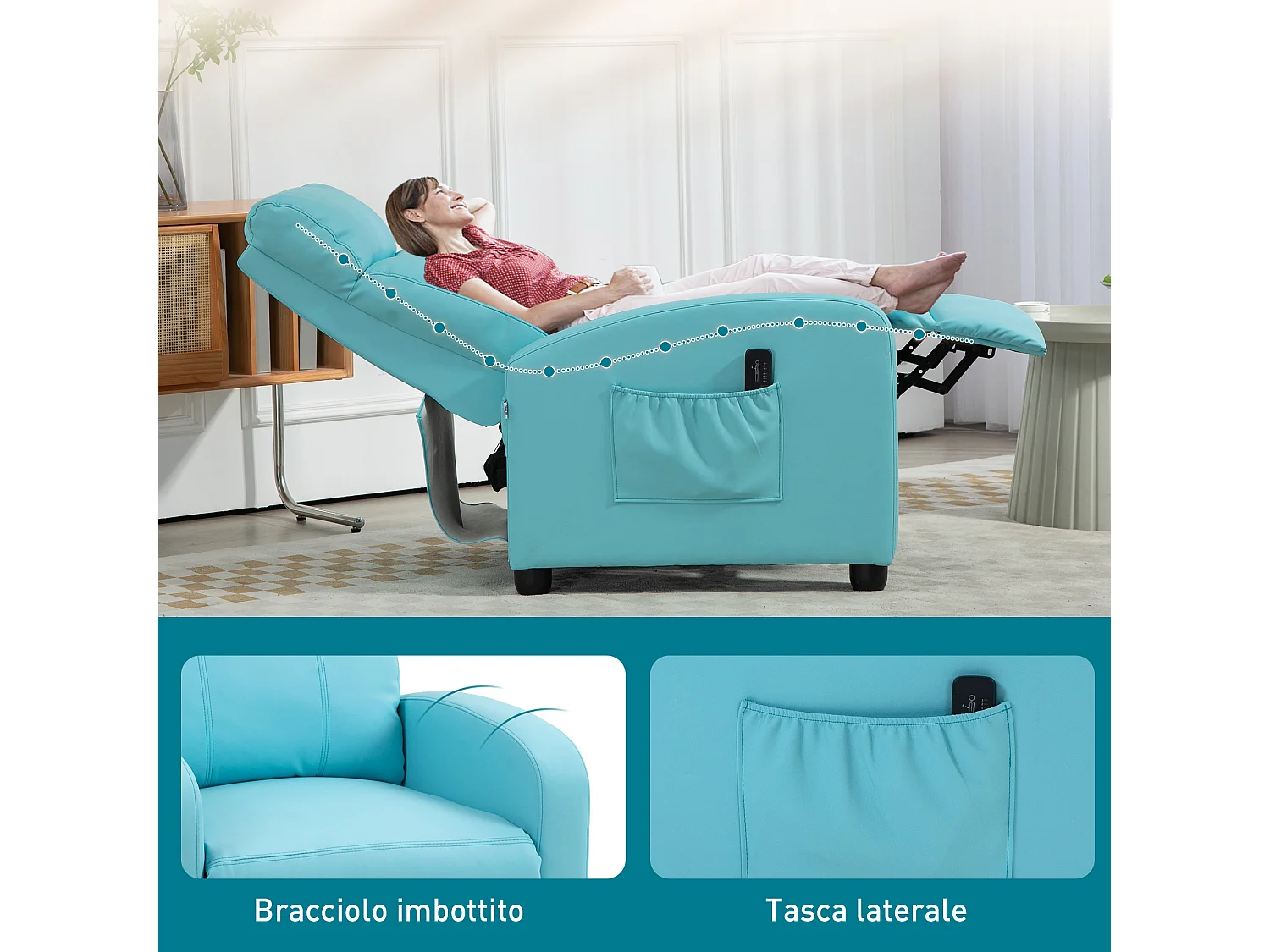 Poltrona massaggiante reclinabile con telecomando azzurro