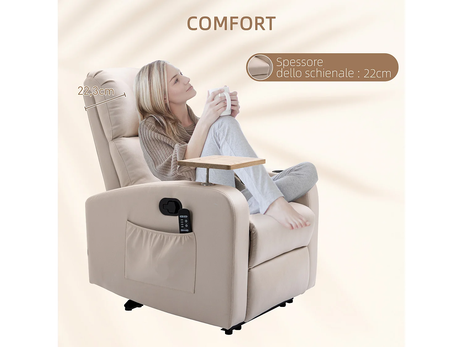 Poltrona massaggiante e reclinabile con poggiapiedi e 2 tasche beige