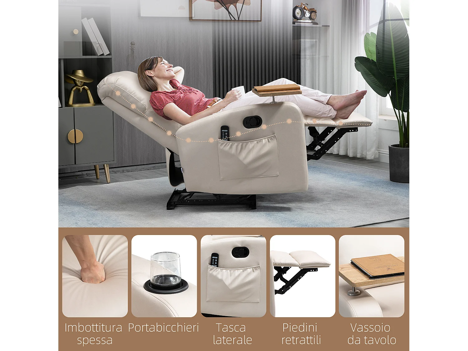 Poltrona massaggiante e reclinabile con poggiapiedi e 2 tasche beige