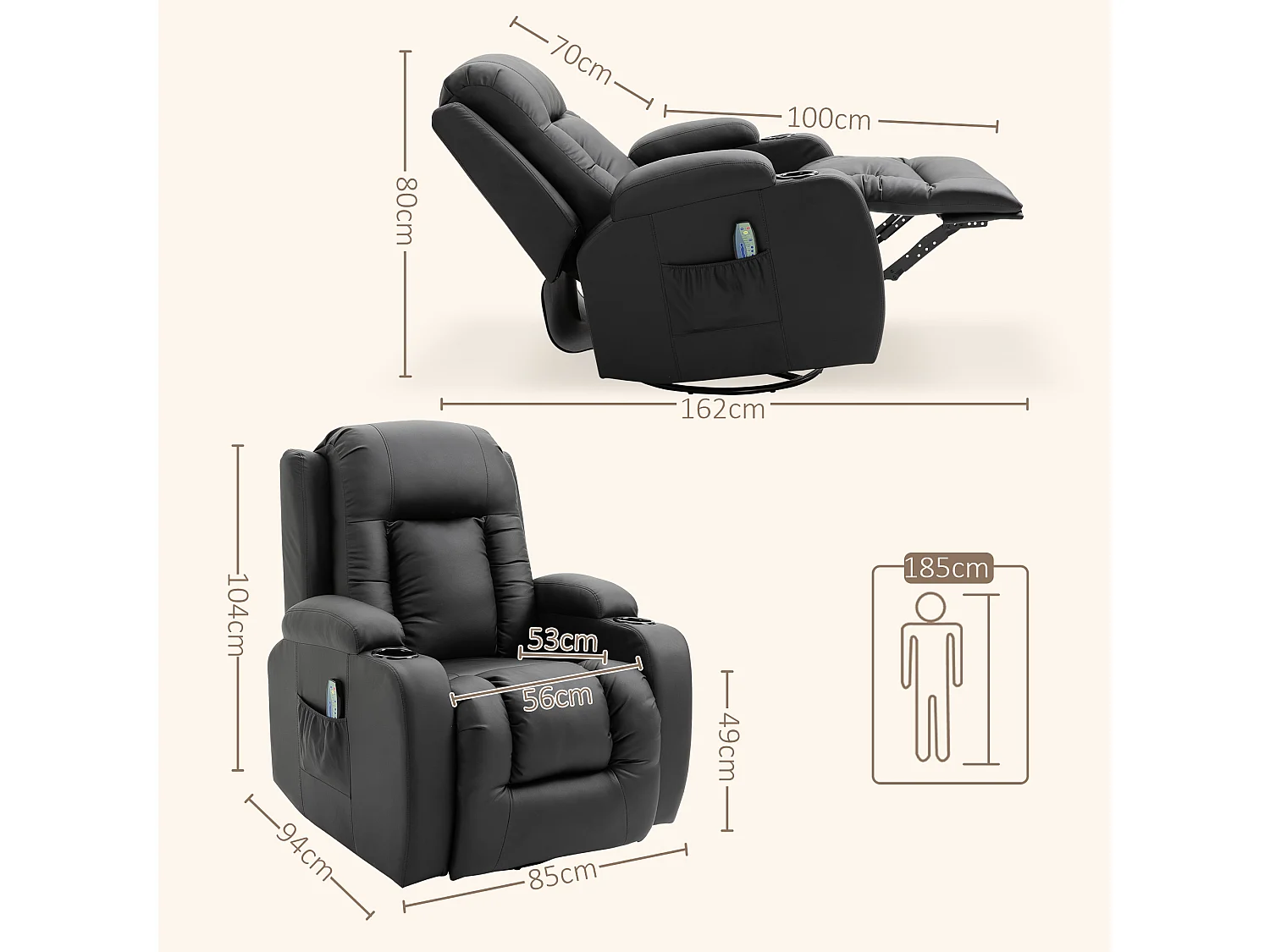 Poltrona relax reclinabile fino a 150° massaggiante e riscaldante nero