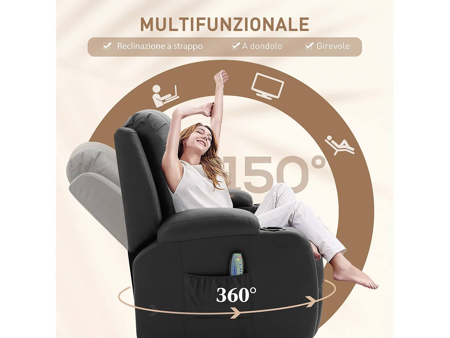 Poltrona relax reclinabile fino a 150° massaggiante e riscaldante nero