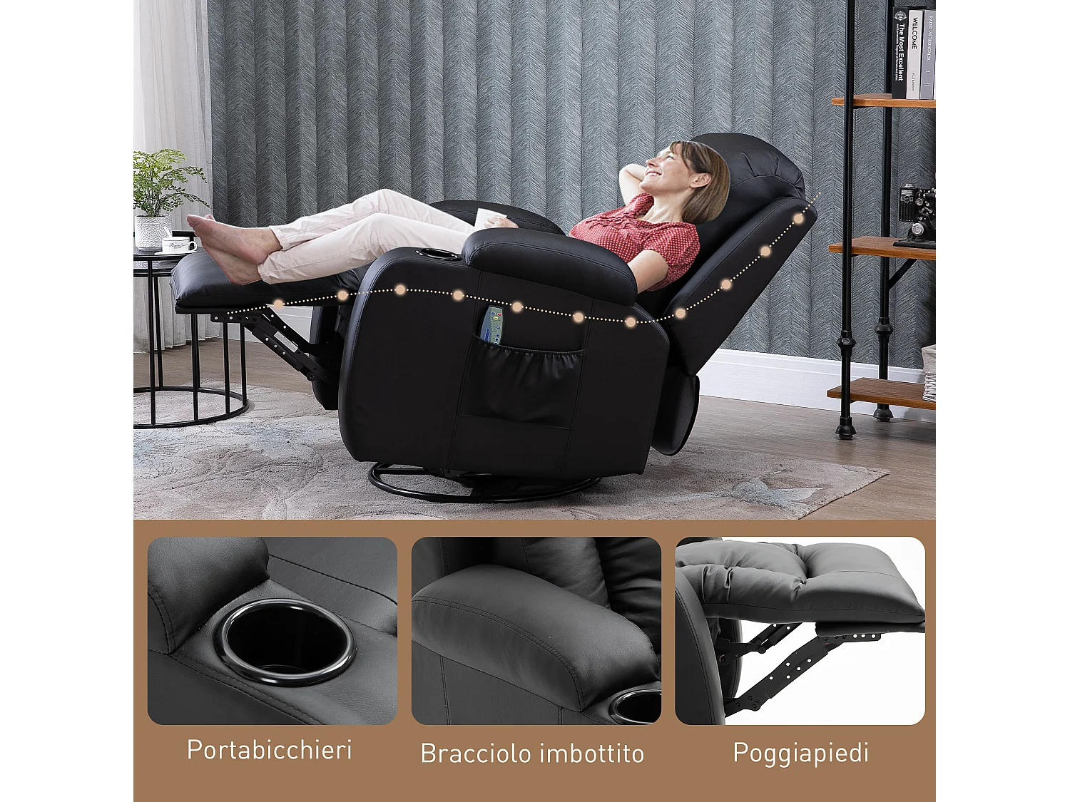 Poltrona relax reclinabile fino a 150° massaggiante e riscaldante nero