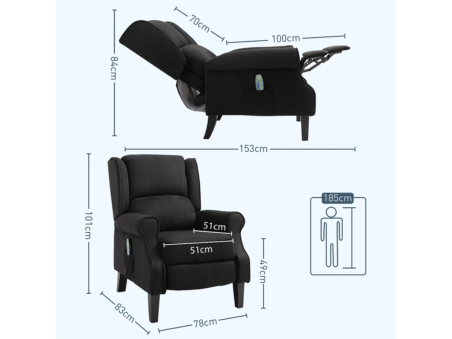 Poltrona relax massaggiante reclinabile con telecomando nero