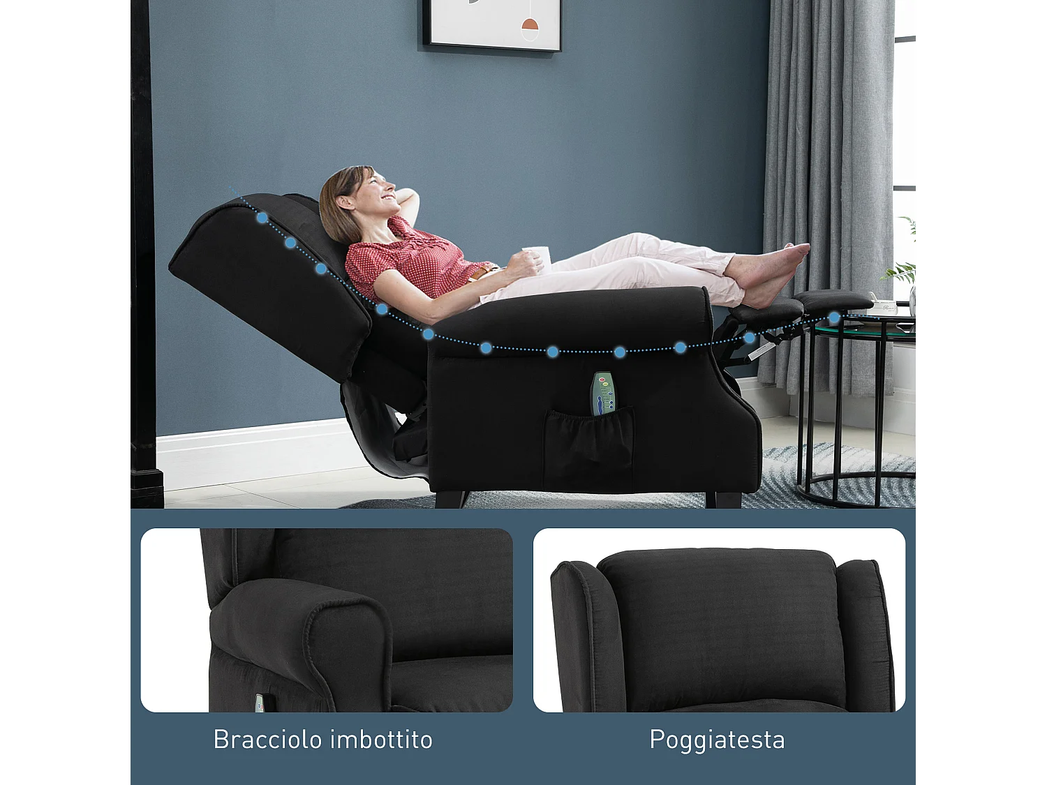 Poltrona relax massaggiante reclinabile con telecomando nero