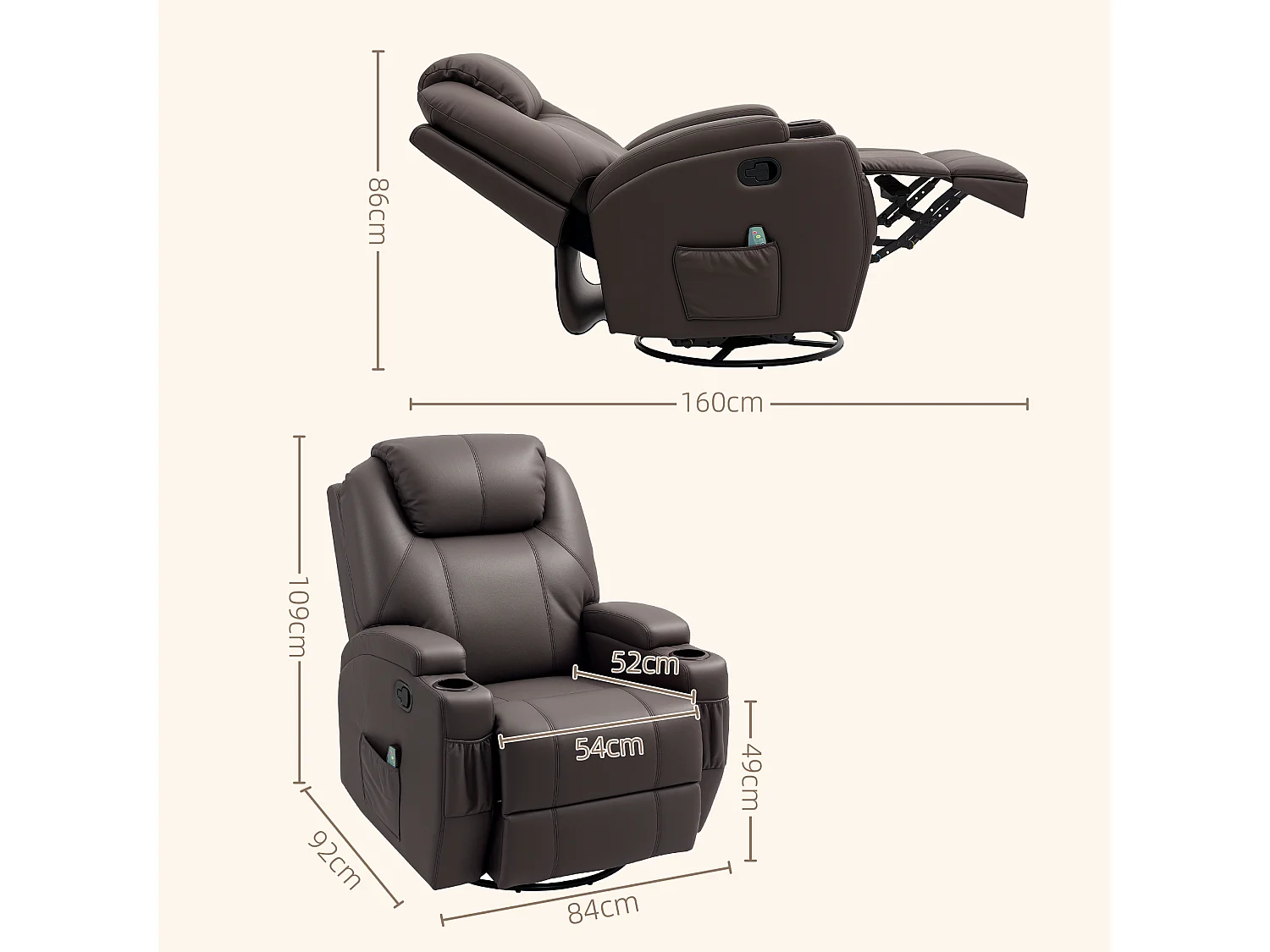 Poltrona massaggiante reclinabile in finta pelle marrone scuro