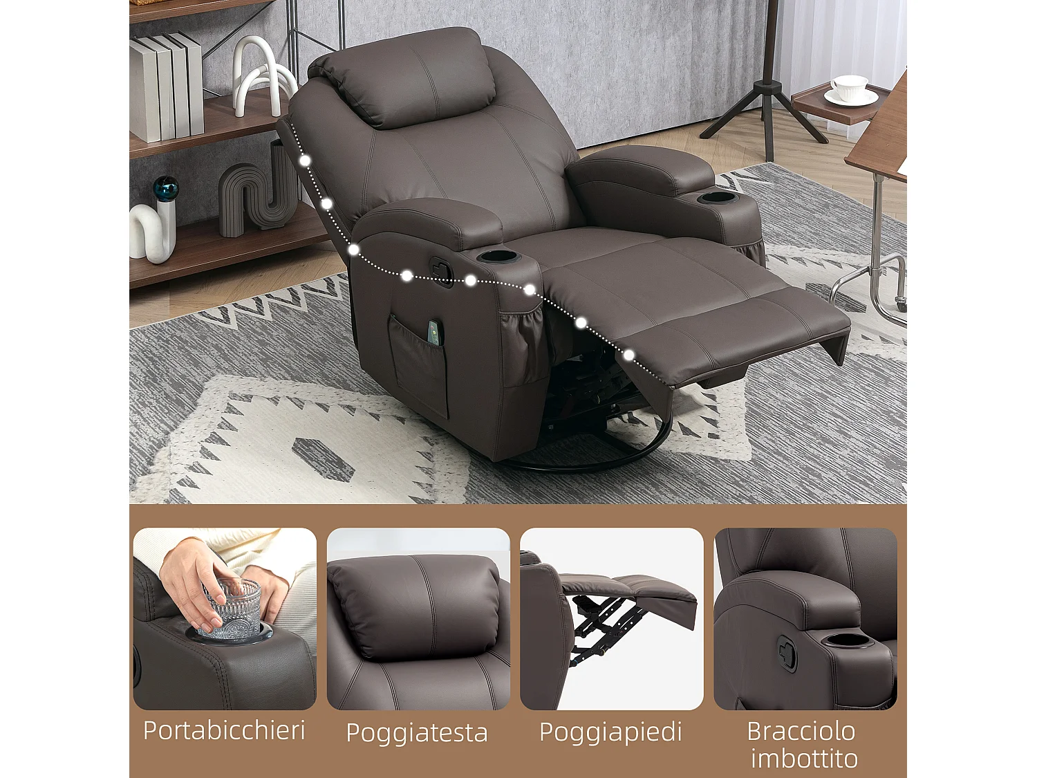 Poltrona massaggiante reclinabile in finta pelle marrone scuro