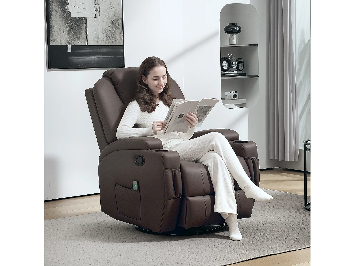 Poltrona massaggiante reclinabile in finta pelle marrone scuro