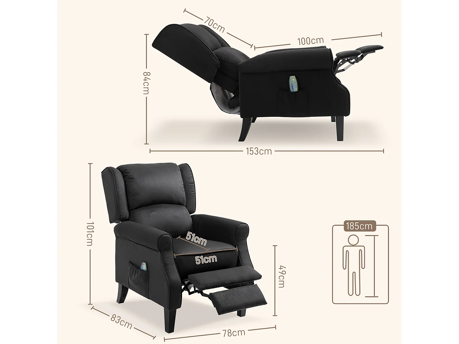 Poltrona per soggiorno schienale reclinabile in tessuto scamosciato