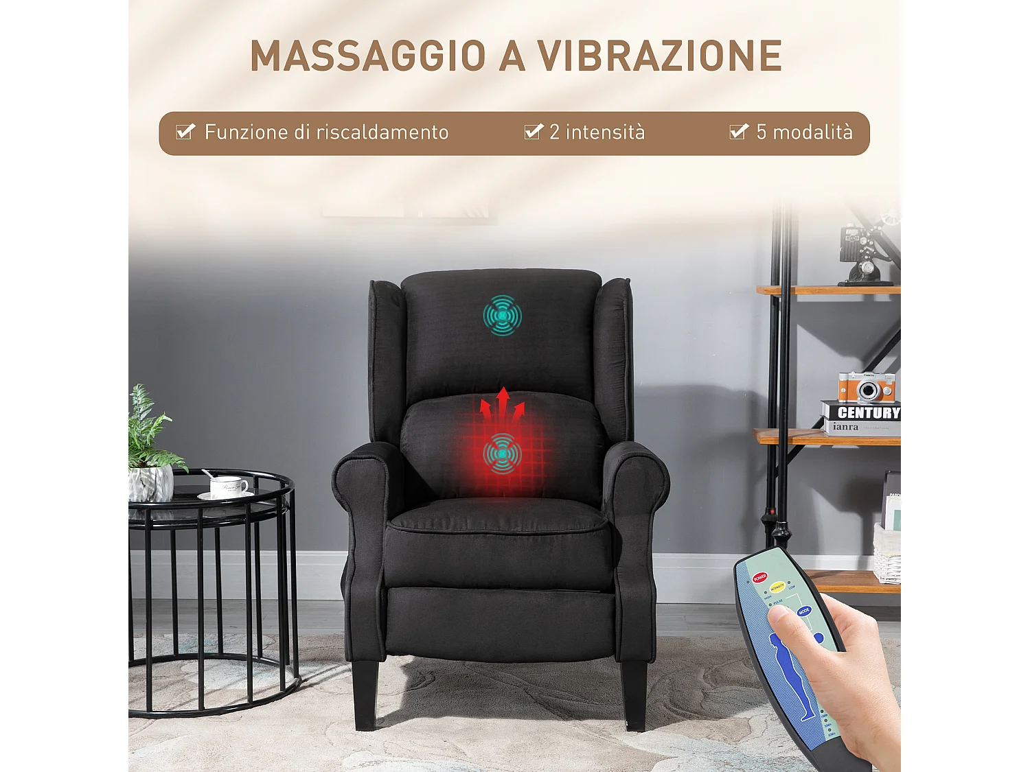 Poltrona per soggiorno schienale reclinabile in tessuto scamosciato